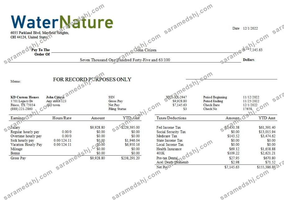 water company editable earning statement template in Word and PDF formats